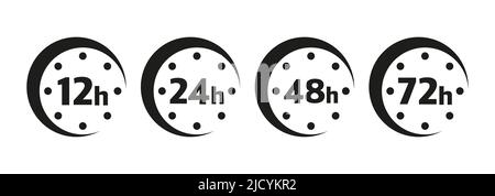 12, 24, 48 and 72 hours clock arrow. Vector work time effect or delivery service time icons. Stock Vector