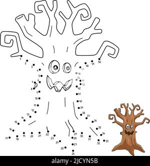 Dot to Dot Scary Tree Halloween Isolated Coloring  Stock Vector