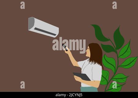 Woman relaxing in arm chair at home, turning on air conditioner system, holding remote control device. Flat vector illustration for summer, cleaning Stock Vector