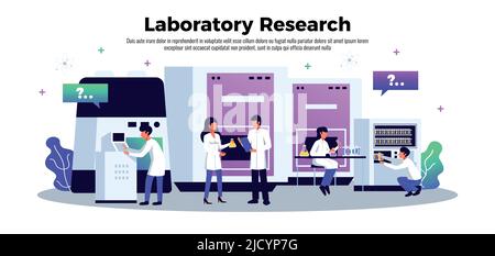 Laboratory horizontal banner with text and composition of conceptual images computer screens lab equipment and scientists vector illustration Stock Vector