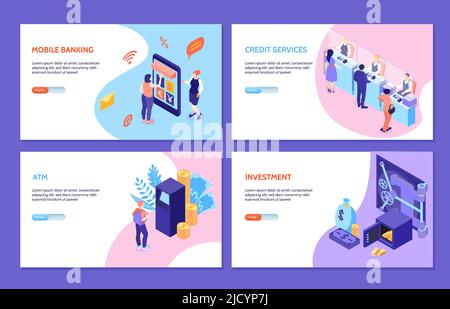 Bank service isometric horizontal banners set of mobile banking credit services investment atm vector illustration Stock Vector