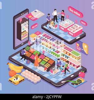 Online supermarket isometric composition on smartphone screen with shopping trolleys fruit vegetables shelves products customers vector illustration Stock Vector