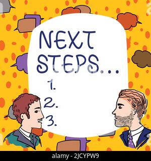 Hand writing sign Next Steps , Business idea numper of process going to be made after current one planning Team Members Looking At Whiteboard Brainsto Stock Photo
