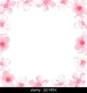 A square frame of pink flowers. Place for the inscription. Watercolor illustration. Isolated on a white background. For your design Stock Photo