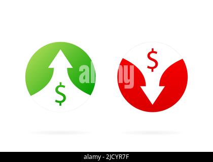 Up and down arrows. Red and Green icons. Illustration isolated on white background. Vector illustration with profit marks. Stock Vector