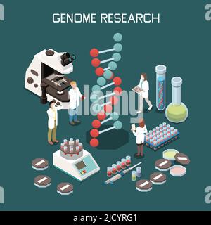 Genetics isometric composition with laboratory equipment and scientists researching genome 3d vector illustration Stock Vector