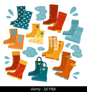 Autumn rubber boots vector flat design set Stock Vector