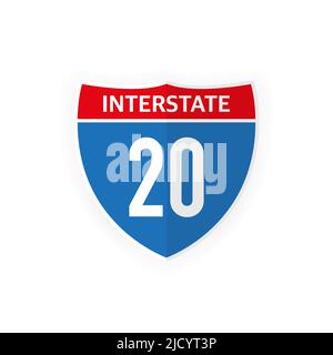 Interstate highway 20 road sign icon isolated on white background. Vector illustration. Stock Vector