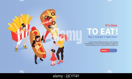Fastfood cafe restaurant bars online order promotion isometric horizontal web banner with pizza hotdog sellers vector illustration Stock Vector