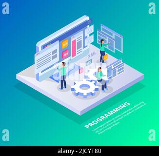 Web development isometric concept background with images of screens small human characters gear symbols and icons vector illustration Stock Vector