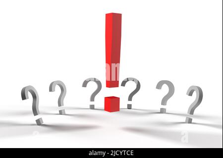 Red exclamation mark in front of a lot of question marks.  Stock Photo