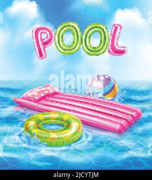 Pool realistic poster with inflatable accessories for kids swimming on blue waves realistic vector illustration Stock Vector