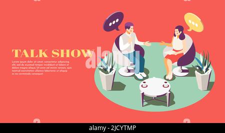 Two people at talk show composition on red background 3d isometric vector illustration Stock Vector