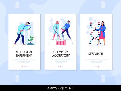 Three vertical banners set with people doing research and performing experiments in science laboratory flat isolated vector illustration Stock Vector