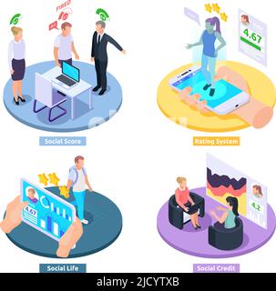 Social credit score system isometric 2x2 design concept with compositions of conceptual images with text captions vector illustration Stock Vector