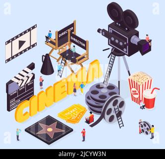 Isometric cinema composition with text and movie making tools directors chairs reel and camera with people vector illustration Stock Vector