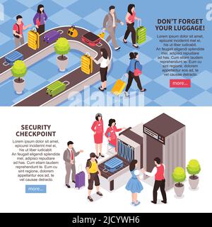 Isometric airport horizontal banners with security gates control and ...