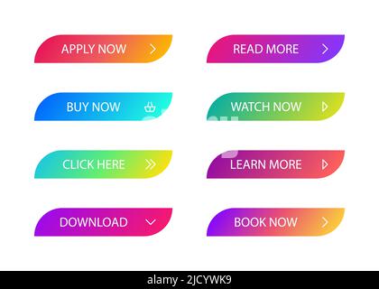 Different gradient colors and icons on white forms with shadows. Set of vector modern material style buttons. Stock Vector