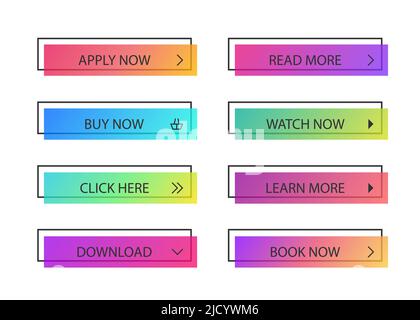 Different gradient colors and icons on white forms with shadows. Set of vector modern material style buttons. Stock Vector
