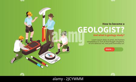 Isometric geology horizontal banner with editable text slider button and human characters of geologists with instruments vector illustration Stock Vector