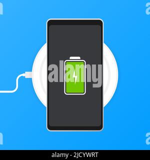 Phone charging, flat icon isolated on a blue background. Concept background design. Stock Vector