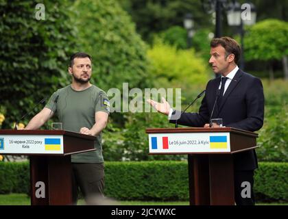 KYIV, UKRAINE - JUNE 16, 2022 - President of Ukraine Volodymyr Zelenskyy (L) and President of the French Republic Emmanuel Macron attend a joint press conference, Kyiv, capital of Ukraine. This photo cannot be distributed in the Russian Federation.