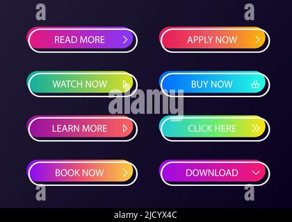 Different gradient colors and icons on white forms with shadows. Set of vector modern material style buttons. Stock Vector