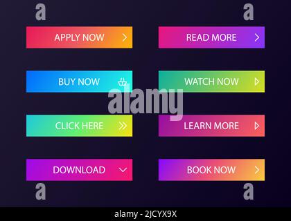 Different gradient colors and icons on white forms with shadows. Set of vector modern material style buttons. Stock Vector