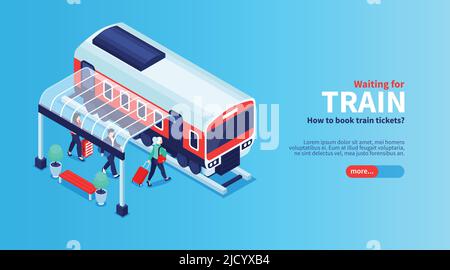 Isometric railway station horizontal banner with shelter shed passengers and suburban train car with more button vector illustration Stock Vector