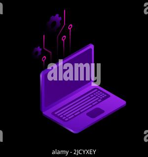 Purple Graphic Laptop. Isolated Futuristic PC on Black Background. Vector illustration Stock Vector