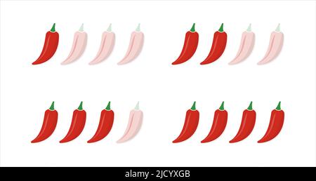 Set of hot red pepper strength scale. Indicator with mild, medium and hot icon positions isolated on white background. Stock Vector