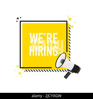 Megaphone with we are hiring poster in flat style. Vector illustration. Stock Vector