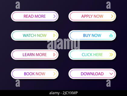 Different gradient colors and icons on white forms with shadows. Set of vector modern material style buttons. Stock Vector
