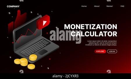 Monetization Calculator Service. Red Landing Page for Video Platform Website. Vector illustration Stock Vector
