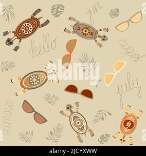 seamless pattern without background colorful sea turtles and sunglasses Stock Vector