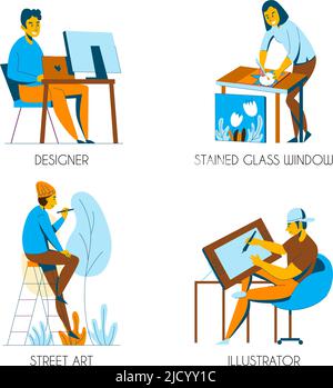 Creative professions 2x2 design concept with designer illustrator artist flat isolated vector illustration Stock Vector
