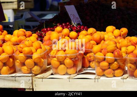 Ripe and organic healthy apricots fruit are sold at the stall at the street market Stock Photo