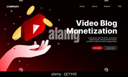 Video Blog Monetization. Landing Page for Video Platform Service Website. Vector illustration Stock Vector