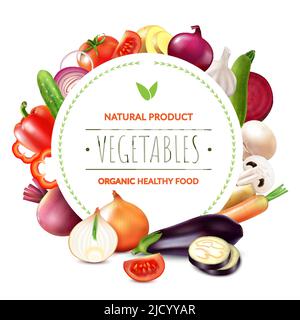 Realistic vegetables round frame composition of editable ornate text and pieces of organic fruits and slices vector illustration Stock Vector