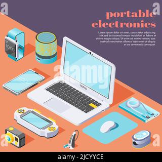 Portable electronics isometric background with  computer mouse flash drive laptop smartphone power bank fitness bracelet oximeter action camera icons Stock Vector