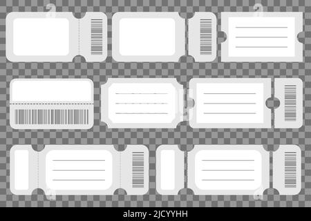 Set of blank ticket mockup template. Realistic White paper coupon. Stock Vector