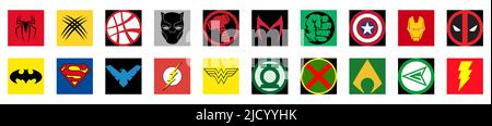 Most famous superheroes DC and Marvel. Batman, Superman, Nightwing, Flash, Spider-Man, Deadpool, Hulk, others. Editorial illustration Stock Vector
