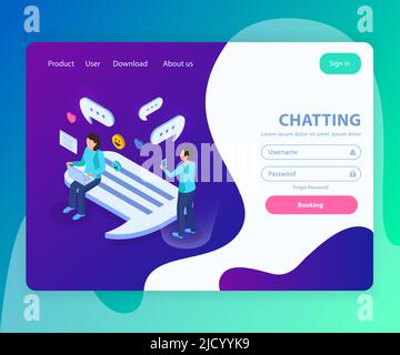 Live chat website landing page isometric design with users messages bubbles symbols green purple background vector illustration Stock Vector