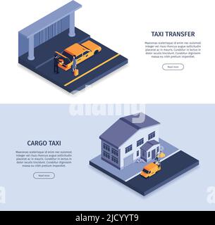 Isometric taxi banners set with images of taxi cabs people editable text and read more button vector illustration Stock Vector