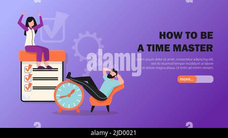 Time management mastering tips flat horizontal web banner with completed tasks clock and relaxing symbols vector illustration Stock Vector
