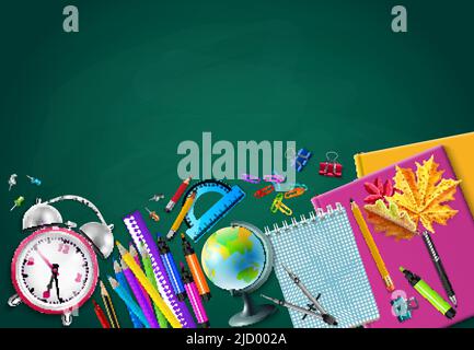 Back to school green chalk board background with pencils globe alarm clock herbarium notebooks realistic vector illustration Stock Vector