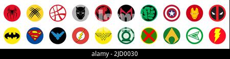 Set of famous superheroes DC and Marvel. Batman, Superman, Nightwing, Flash, Spider-Man, Deadpool, Hulk, others. Editorial illustration Stock Vector