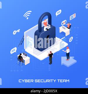 Cyber security team isometric concept on blue background 3d vector illustration Stock Vector