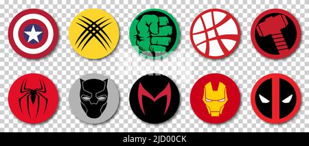 Vinnytsia, Ukraine - May June 16, 2022: Top 10 Marvel Superheroes Logo. Spider-Man, Deadpool, Hulk, Wolverine, Doctor Strange, Black Panther, etc. Edi Stock Vector