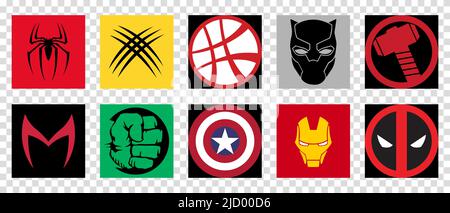 Vinnytsia, Ukraine - May June 16, 2022: Top Best Marvel Comics Heroes. Spider-Man, Deadpool, Hulk, Wolverine, Doctor Strange, Black Panther, etc. Edit Stock Vector
